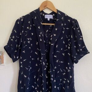 Navy Blue Blouse with White Pattern